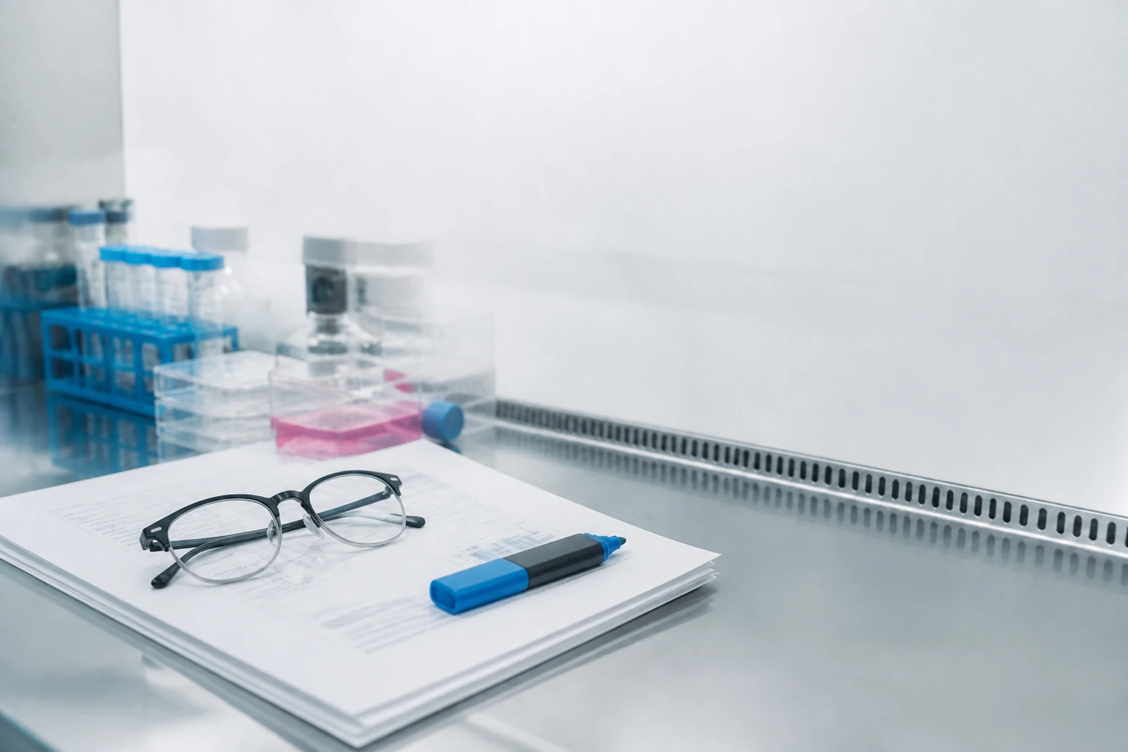 Research papers reviewed beside a cell-culture workspace